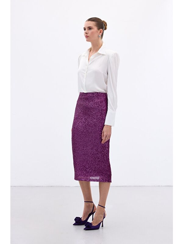 SATEEN Payet Detaylı Kalem Etek - Mürdüm