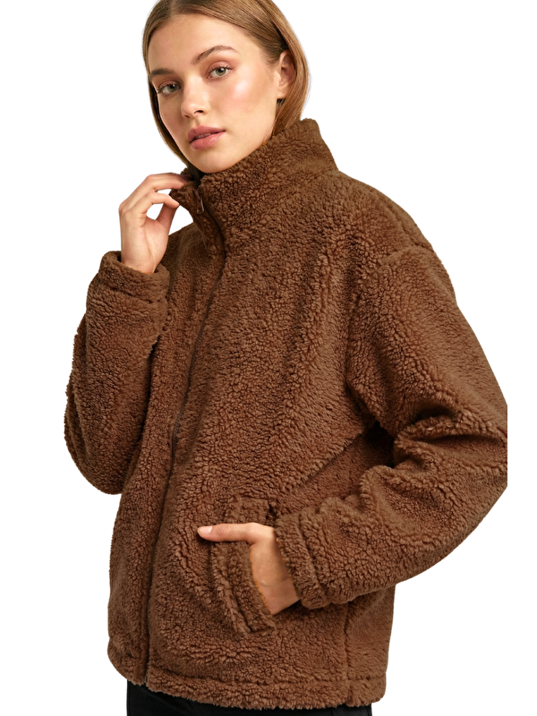 Genius Store Kadın Pelüş Tam Fermuarlı Cepli Sherpa Kuzu Kumaş Oversize Pelüş Polar Sweatshirt