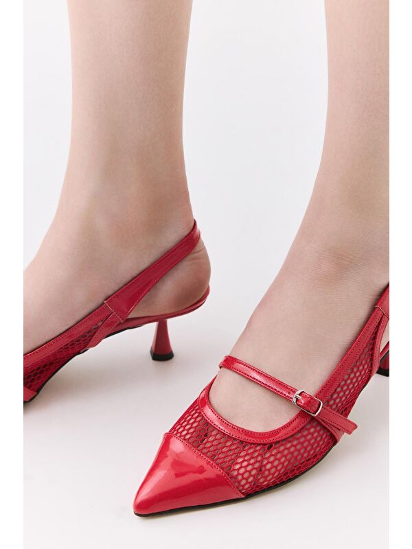 Kadın Rugan Kırmızı Fileli Stiletto - Görsel 3