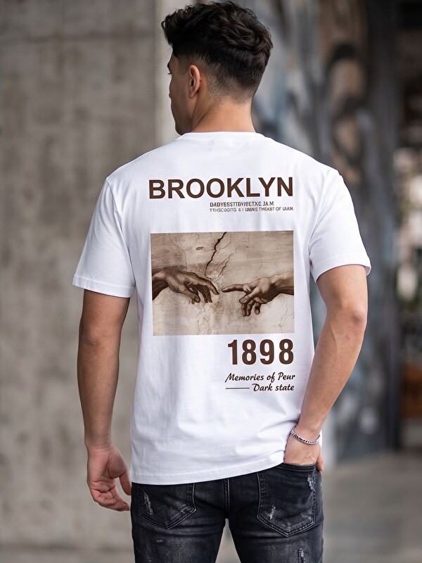 Trendseninle Erkek Beyaz Brooklyn Eller Baskı Organik Pamuk Comfort Tişört