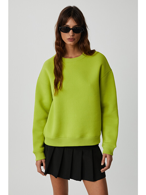 GRIMELANGE VANELTINA Kadın Organik Pamuklu Yumuşacık İçi Polarlı Yuvarlak yakalı FISTIK YEŞİLİ Sweatshirt