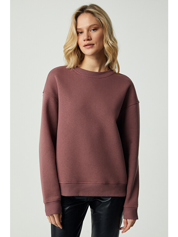 GRIMELANGE VANELTINA Kadın Organik Pamuklu Yumuşacık İçi Polarlı Yuvarlak yakalı MÜRDÜM Sweatshirt