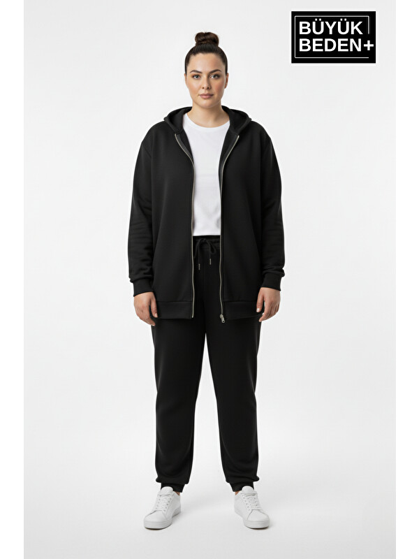 Süperlife Kadın Büyük Beden Fermuarlı Kapüşonlu ince Sweatshirt Hırka - Rahat Kalıp SPR26BHR960