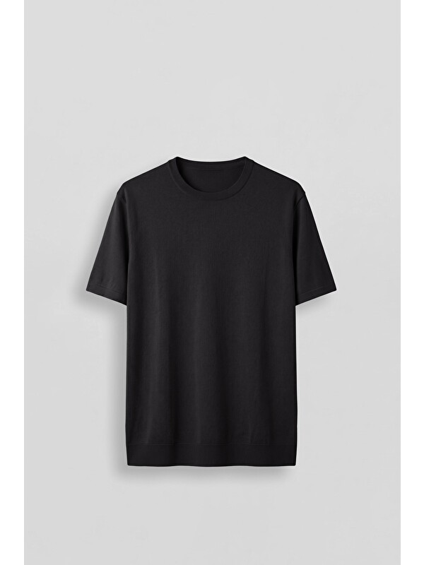 Abluka Online Erkek Slim Fit Triko Bisiklet Yaka Basic T-Shirt Siyah