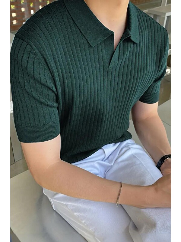 Oksit Lorens Çizgili Elastanlı Slim Fit Polo Yaka Örme Erkek Triko Tişört