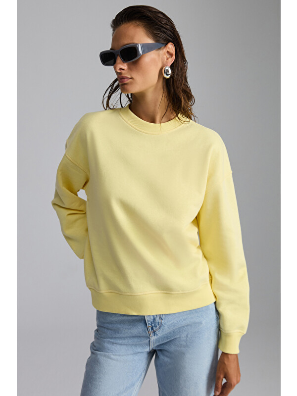 GRIMELANGE VANELTINA Kadın Organik Pamuklu Yumuşacık İçi Polarlı Yuvarlak yakalı SARI Sweatshirt