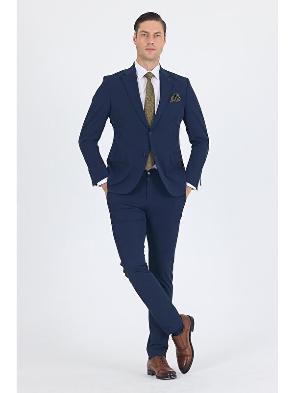 İMZA Lacivert Mono Yaka Yarım Astar 6 Drop Slim Fit Beli Lastikli Takım Elbise 1001250121