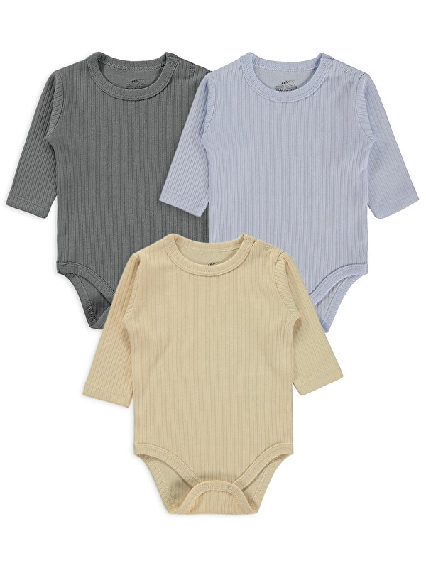 Minidamla Uzun Kol Basic 3'lü set 1-18 Ay Çıtçıtlı Badi - Mavi