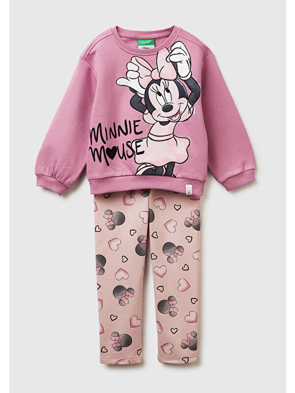 United Colors Of Benetton Kız Çocuk Pembe Mix Önü Baskılı Sweatshirt ve Tamamı Desenli Pantolon Takım