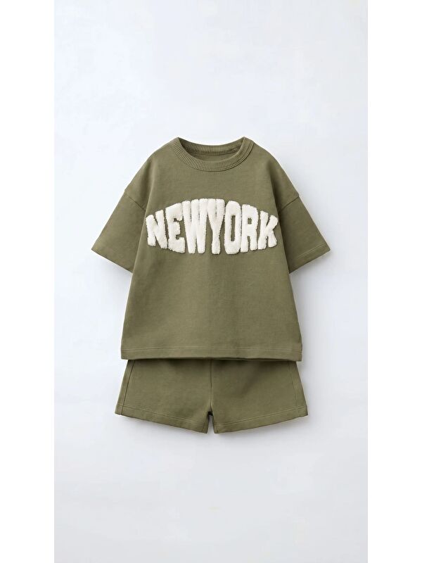 Magu Erkek Çocuk Pamuklu Yeşil New York Yazı Aplikeli T-Shirt Şort Takım