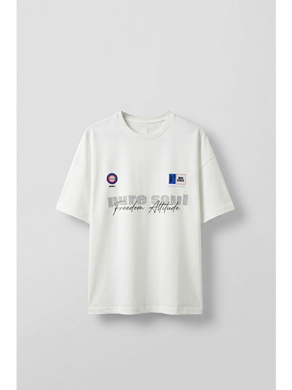 Abluka Online Erkek Boxy Fit %100 Pamuk Grafik Baskılı T-Shirt Ekru