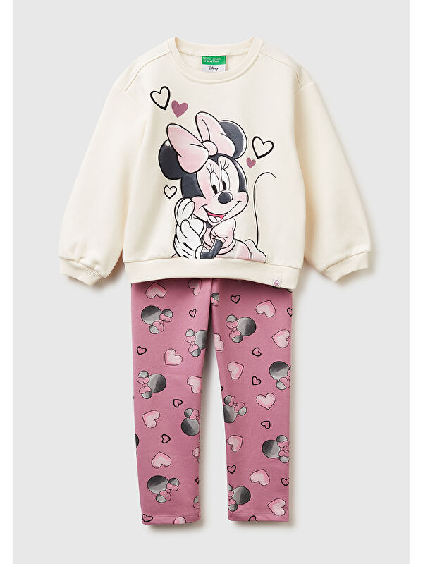 United Colors Of Benetton Kız Çocuk Ekru Mix Önü Baskılı Sweatshirt ve Tamamı Desenli Pantolon Takım