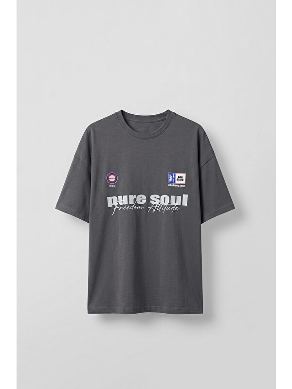 Abluka Online Erkek Boxy Fit %100 Pamuk Grafik Baskılı T-Shirt Füme