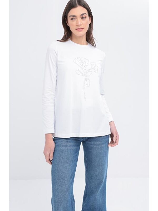ALLDAY Beyaz Zincir Nakışlı Uzun Kollu Elastanlı T Shirt
