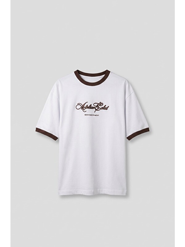 Abluka Online Erkek Boxy Fit Nakış Detaylı Kontrast Yaka T-Shirt Ekru