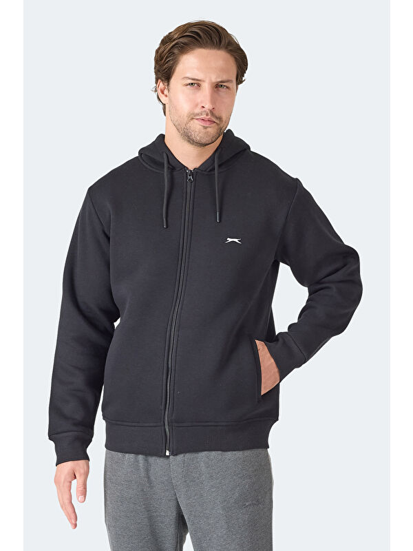 SLAZENGER MAJESTIC I   Kapüşonlu Cepli Siyah Erkek Polar Fermuarlı Sweatshirt Hırka