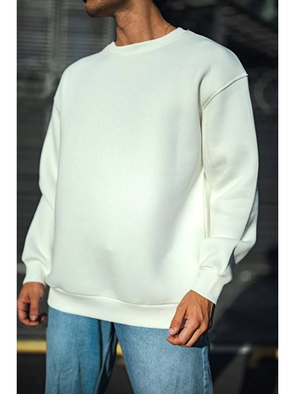 Jane's Kışlık Bisiklet Yaka Üç İplik Basic SweatShirt - Beyaz