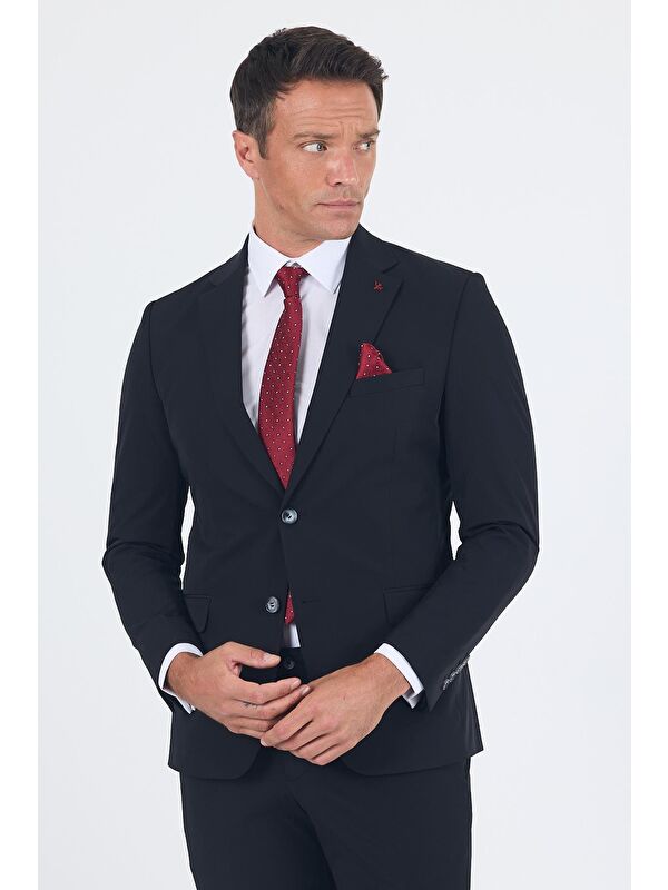 İMZA Siyah Mono Yaka Yarım Astar 6 Drop Slim Fit Beli Lastikli Takım Elbise 1001250121