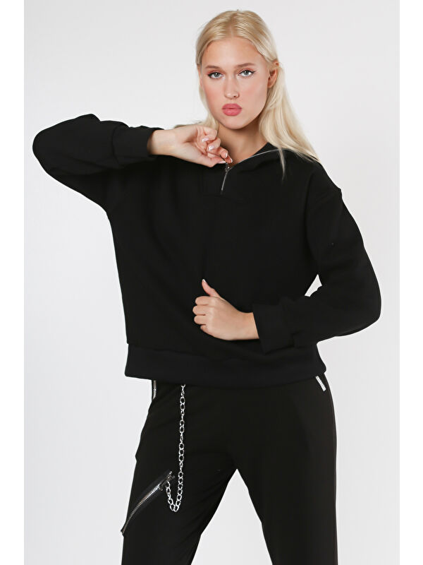 Chiccy Siyah Fermuarlı Yaka Uzun Kol Örme Sweatshirt
