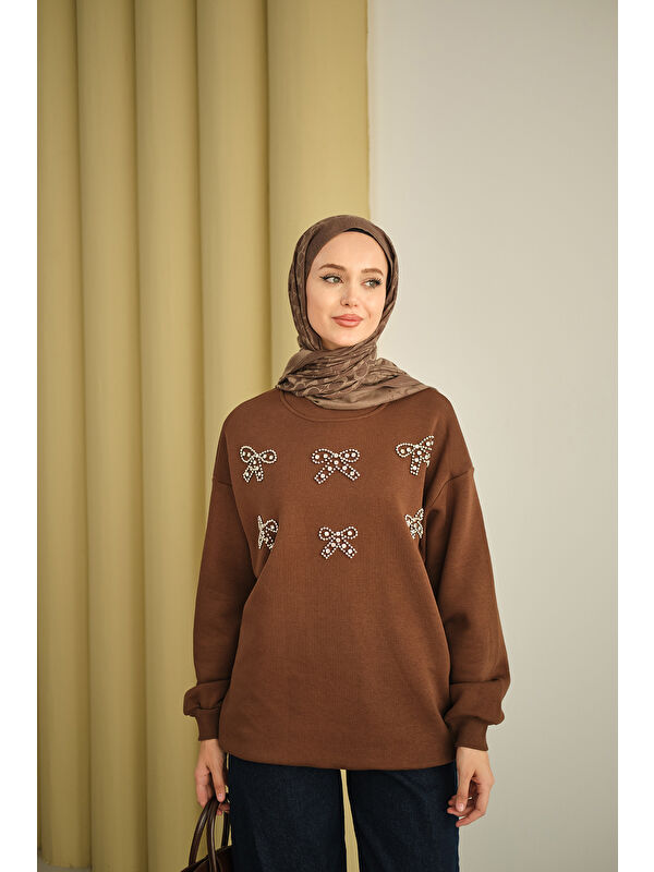 Locco Moda Kadın Kurdelesi Taş Detay Sweat Kahverengi