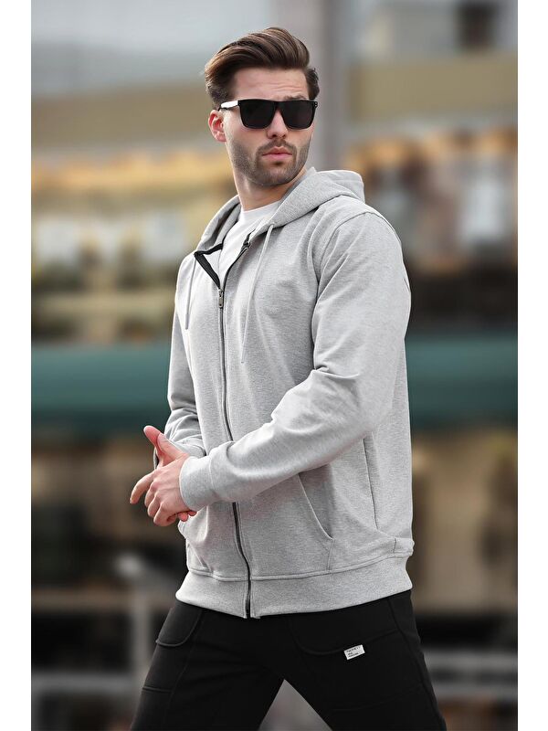Madmext Gri Kapüşonlu Düz   Erkek Polar Fermuarlı Sweatshirt Hırka 7070