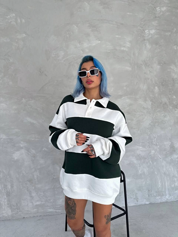 Jane's Unisex Üç İplik Parçalı Yakalı SweatShirt - Yeşil