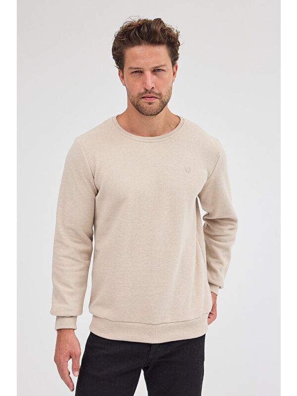 Mmetalic Erkek Bej Standart Fit Normal Kesim Pamuklu Basic Bisiklet Yaka Büyük Beden Sweatshirt MTLCE113-Bej