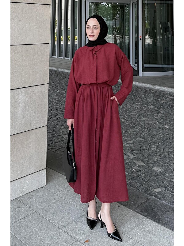 Lamelif Pera Keten Etekli Takım Bordo