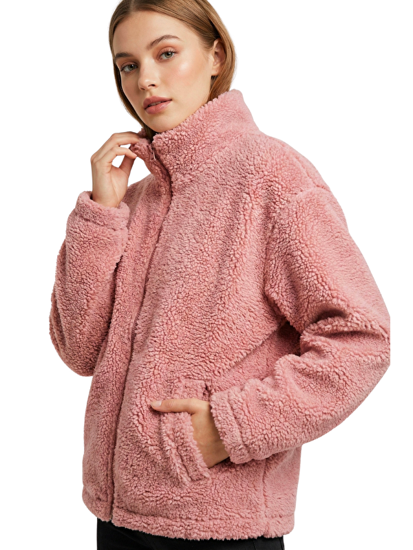Genius Store Kadın Pelüş Tam Fermuarlı Cepli Sherpa Kuzu Kumaş Oversize Pelüş Polar Sweatshirt