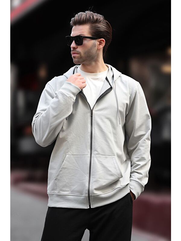 Madmext Boyalı Gri Kapüşonlu Düz   Erkek Polar Fermuarlı Sweatshirt Hırka 7070