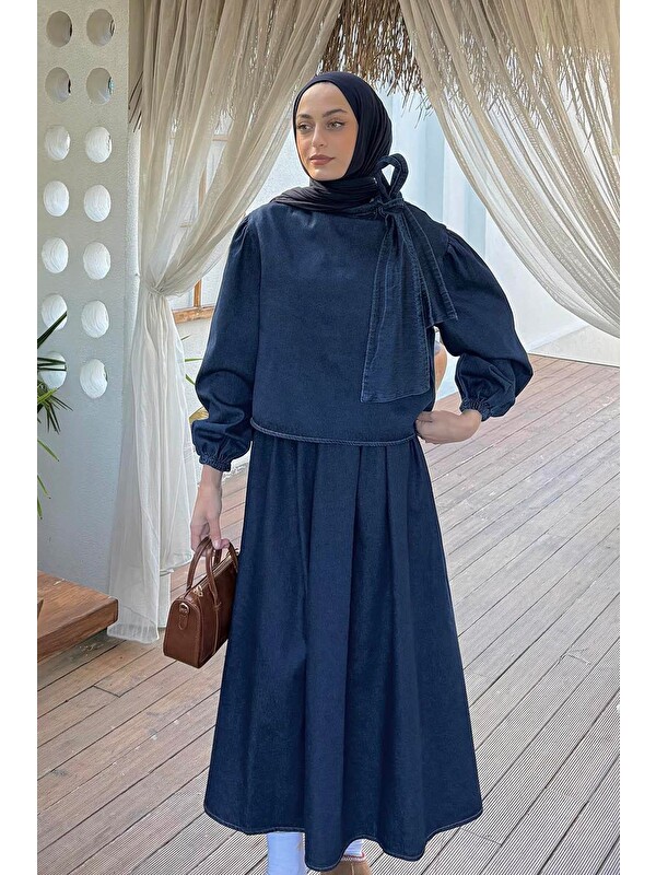 Lamelif Fiyonk Detaylı Denim Takım Koyu Mavi