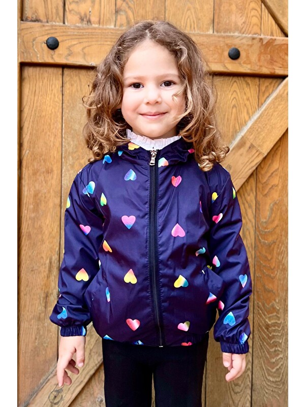 Breeze Kız Bebek Yağmurluk Renkli Kalp Desenli Lacivert (1 Yaş)