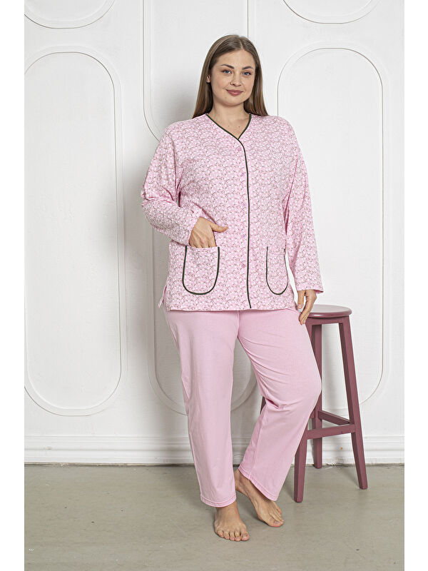 SEBOTEKS %100 Pamuklu Uzun Kollu Boydan Düğmeli Büyük Beden Kadın Pijama Takımı 206