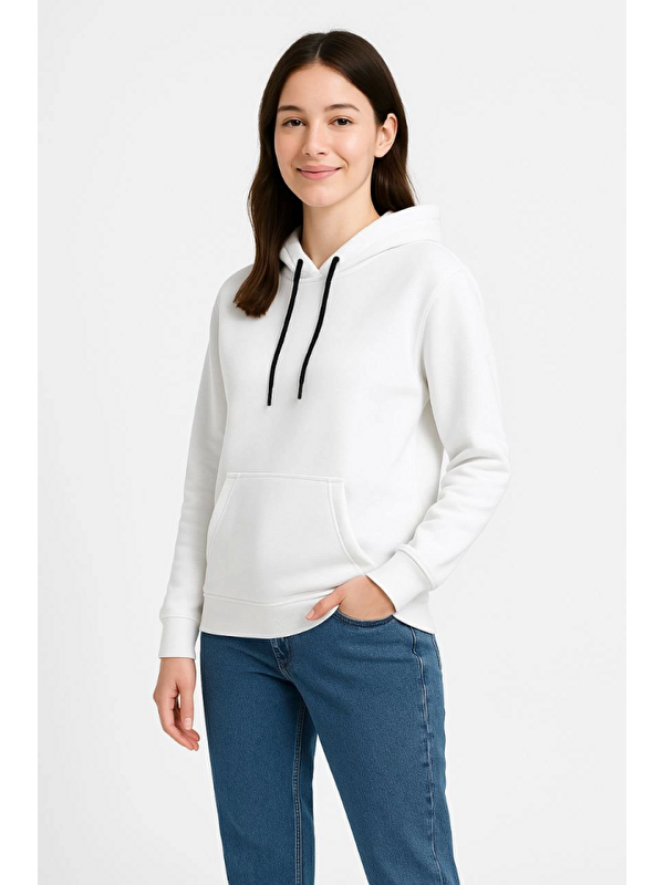 Jane's Üç İplik Kapüşonlu Kanguru Çepli SweatShirt Hoodie - Beyaz