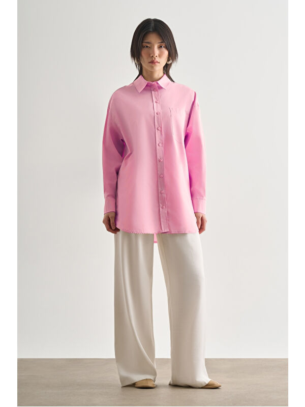 Mizalle Premium Saf Pamuk Pembe Oversize Gömlek