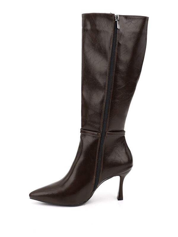 Kadın ÇİKOLATA KAHVE Fermuarlı Sivri Burunlu İnce Topuklu Çizme - Görsel 4