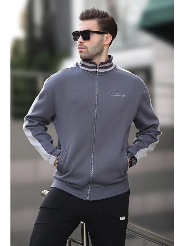 Madmext Füme Yarım Balıkçı Yaka   Baskılı Erkek Polar Fermuarlı Sweatshirt Hırka 7081