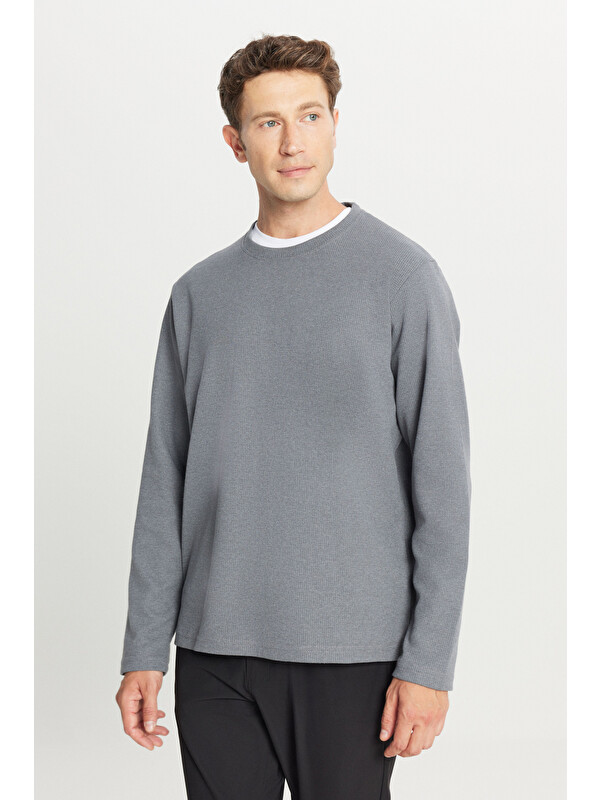 AC&Co / Altınyıldız Classics Erkek Gri Pamuklu Standart Fit Normal Kesim Bisiklet Yaka Sweatshirt