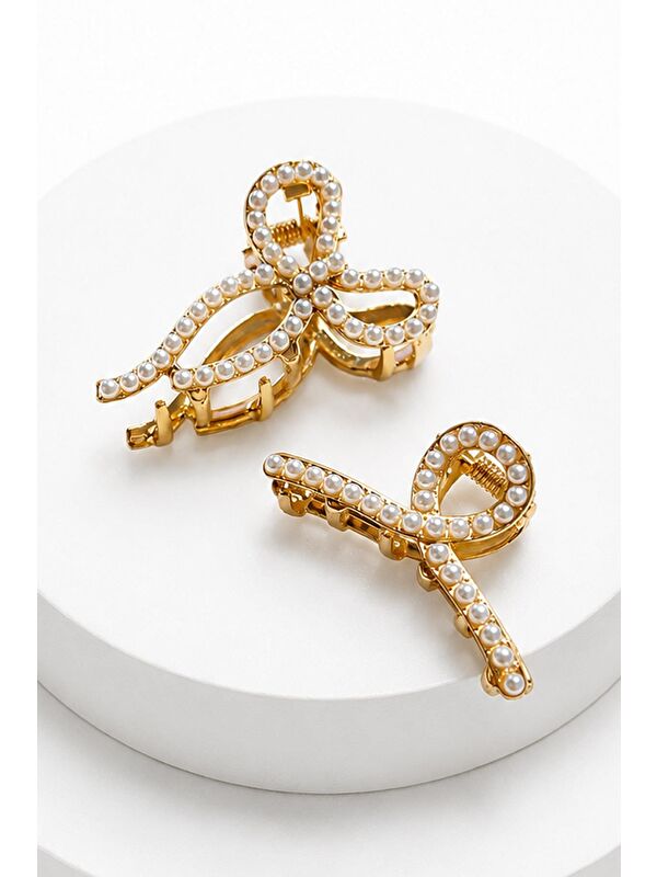 New Obsessions 4 cm Metal İnci Dekorlu Fiyonk ve Damla Mandal Toka