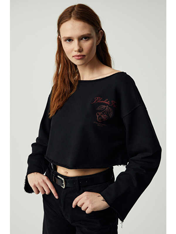 ETHIQUET CARIBOU Kadın Asimetrik Yakalı Şardonsuz Tek Omzu Açık Baskılı SİYAH Sweatshirt