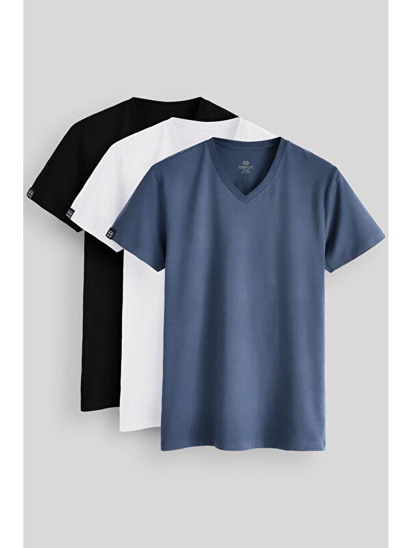Tommylife Standart Fit Basic V Yaka 3'lü Paket Siyah-Beyaz-Petrol Erkek Tişört 87912