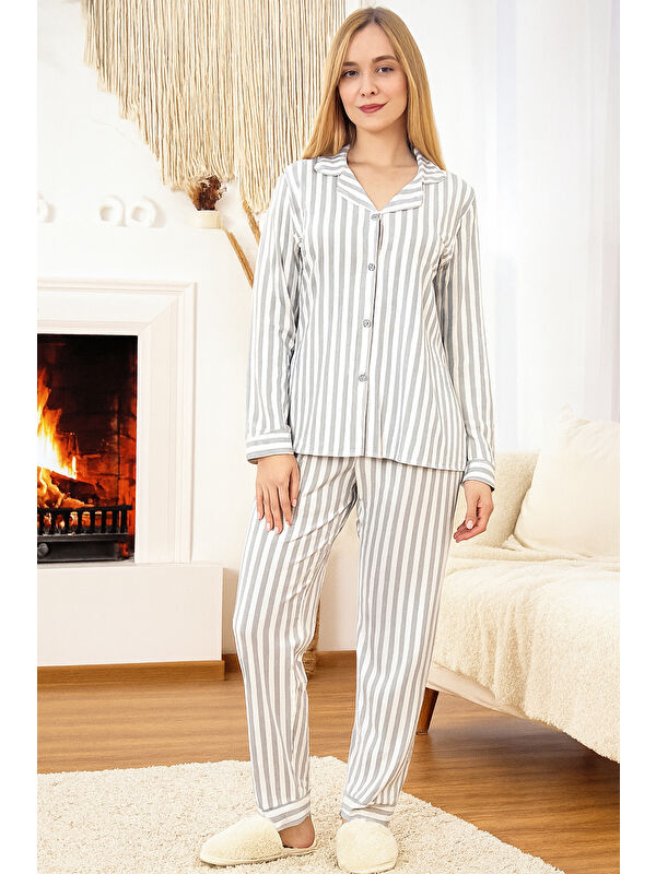 Remsa Kadın Çizgili Desen Suprem Pijama Takımı 0489 Gri03