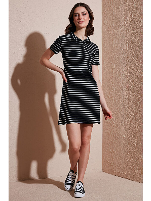 Lela Çizgili Slim Fit Mini Boy Düğmeli Polo Yaka Kısa Kollu Kadın Elbise 5866151