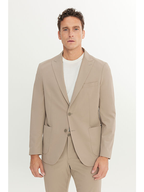 Altınyıldız Classics Erkek Bej Slim Fit Dar Kesim Mono Yaka Beli Bağlamalı Kapak Cepli Esnek Takım Elbise