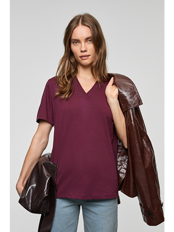 GRIMELANGE ALINE Kadın %100 organik Pamuk Derin V Yakalı Comfort Fit BORDO T-Shirt