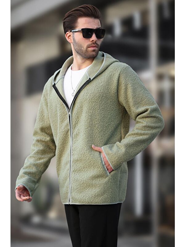 Madmext Yeşil   Pelüş Erkek Polar Fermuarlı Sweatshirt Hırka E7080