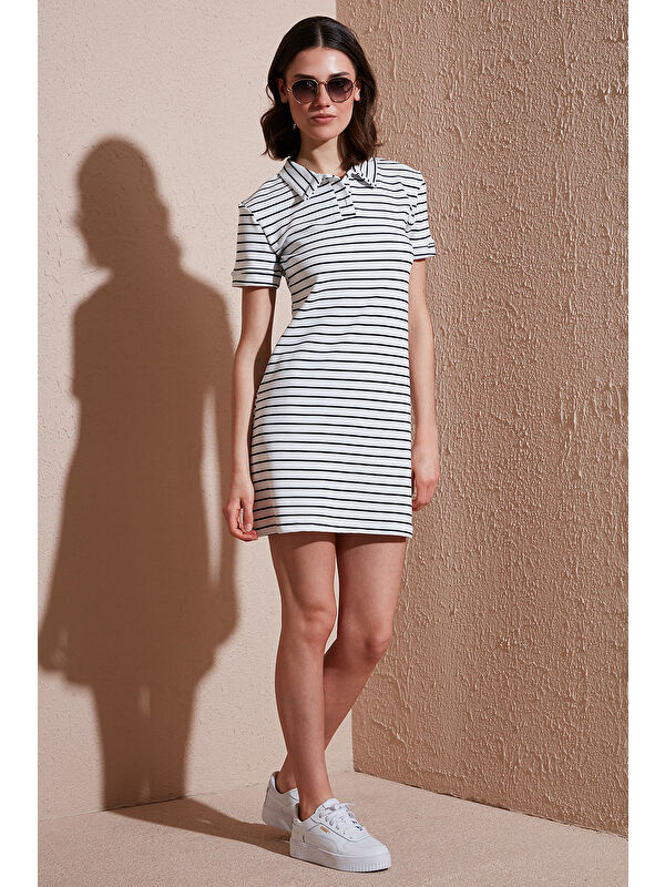 Lela Çizgili Slim Fit Mini Boy Düğmeli Polo Yaka Kısa Kollu Kadın Elbise 5866151