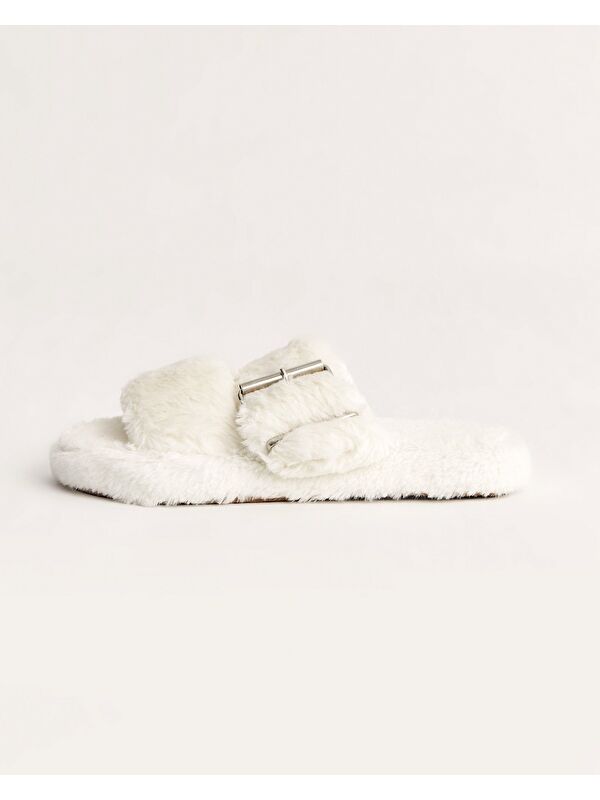 Kadın Beyaz Pelüş Tokalı Kışlık Ev İçi Terlik - D3411AX - Görsel 2