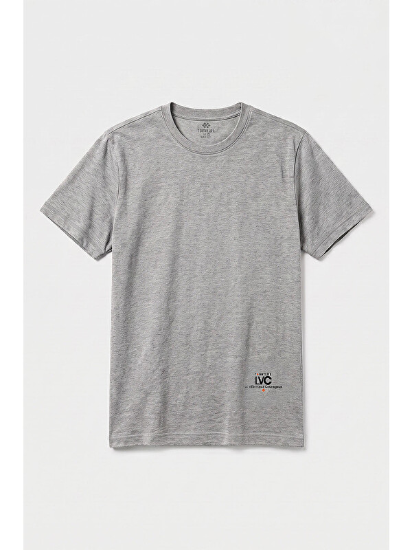 Tommylife Gri Melanj Standart Fit Baskılı Kısa Kollu Erkek Tişört - 88440