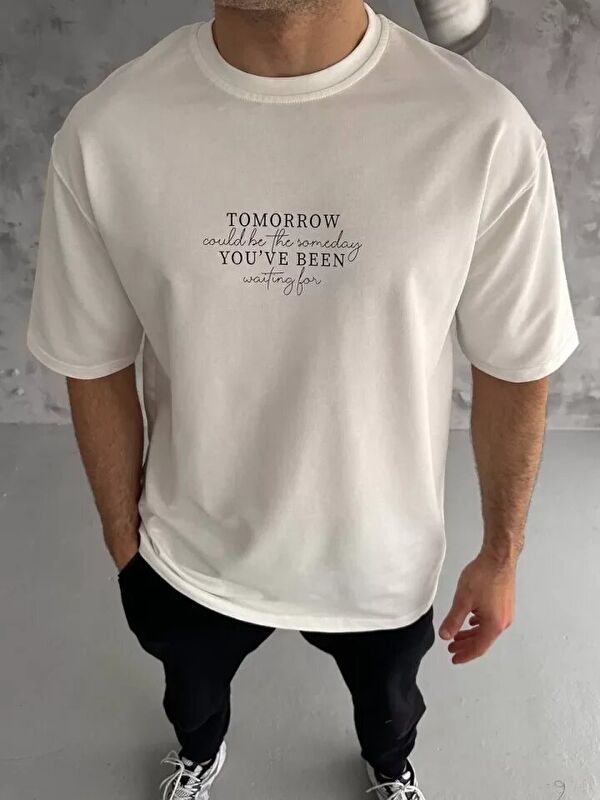 Jane's Unisex Bisiklet Yaka Baskılı Oversize T-Shirt - Beyaz